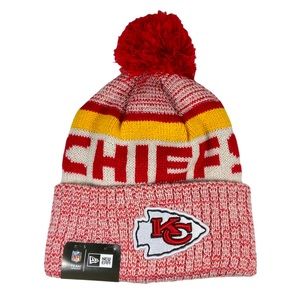 NFL New Era  Kansas City Chiefs Cuffed Knit Pom Hat Beanie Patch Logo Red Yellow